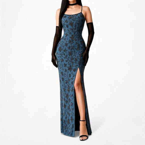 Vintage Blue Floral Beaded Silk Side Slit Bodycon Maxi Cocktail Dress Size S